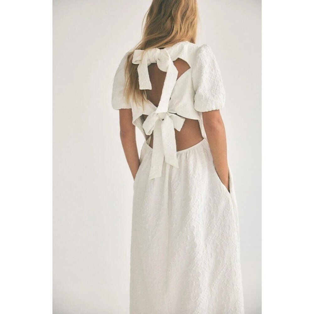 Zara Womens A-Line Midi Dress M White Puff Sleeve Cut Out Bow 3067/207 NWT